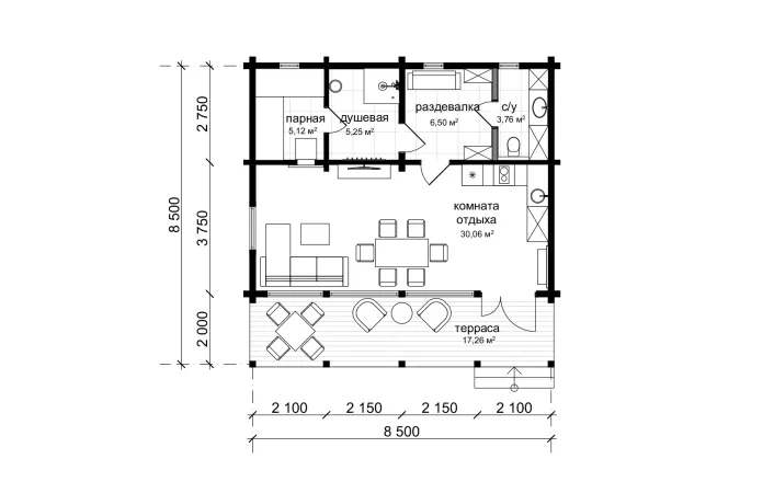 Баня из бруса по проекту «Филин» - простое и компактное решение для небольших участков.   Это проект современного дома- бани, где архитектура и природа сливаются воедино. Этот одноэтажный дом-баня в стиле минимализм предлагает идеальное пространство для жизни и отдыха.  Основные характеристики и преимущества:  Панорамное остекление: Просторные окна от пола до потолка наполняют интерьер естественным светом и открывают захватывающий вид на окружающий пейзаж. Экологичные материалы: В отделке фасада и террасы использовано натуральное дерево, подчеркивающее связь с природой. Современный дизайн: Четкие линии, двускатная крыша с большим выносом и комбинация деревянных элементов создают актуальный и стильный облик. Функциональная планировка: Продуманное внутреннее пространство обеспечивает комфорт и уют, а крытая терраса приглашает насладиться свежим воздухом в любую погоду.                Этот дом- баня - идеальный выбор для тех, кто ценит современный комфорт, уединение и красоту природы. Он станет вашим личным оазисом спокойствия и вдохновения.